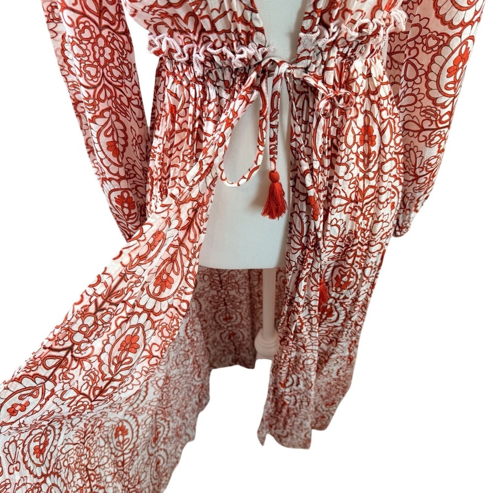 Aakaa Orange and White Paisley Flowy Boho Duster Tie Waist Open Longsleeve XS - Picture 4 of 11
